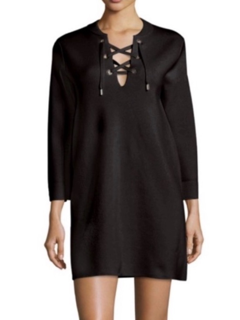 Theory Patrinelle Black Merino Wool Lace Up Sweater Mini Dress Large